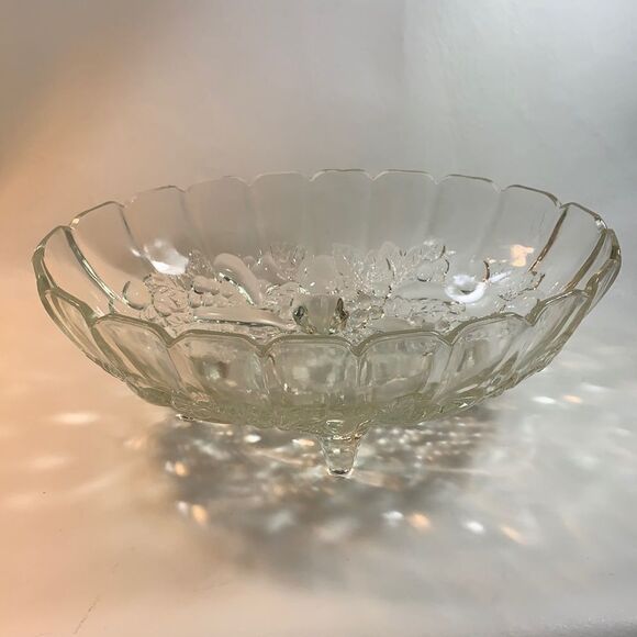 Large Decorative Oval Fruit Embossed Scalloped Edge 3 Footed Glass Serving Bowl - Picture 1 of 7